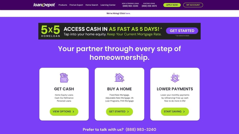 Screenshot of loanDepot website
