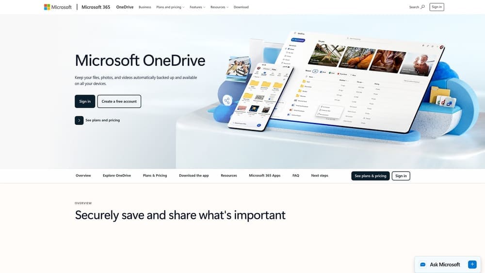 Screenshot of Microsoft OneDrive website