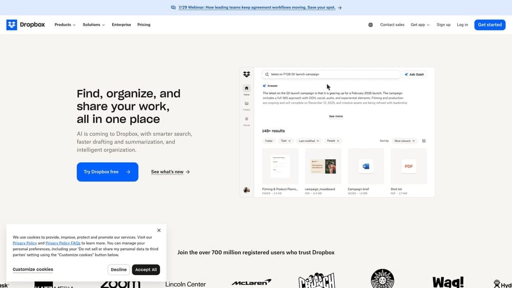 Screenshot of Dropbox website