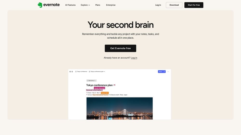 Screenshot of Evernote website